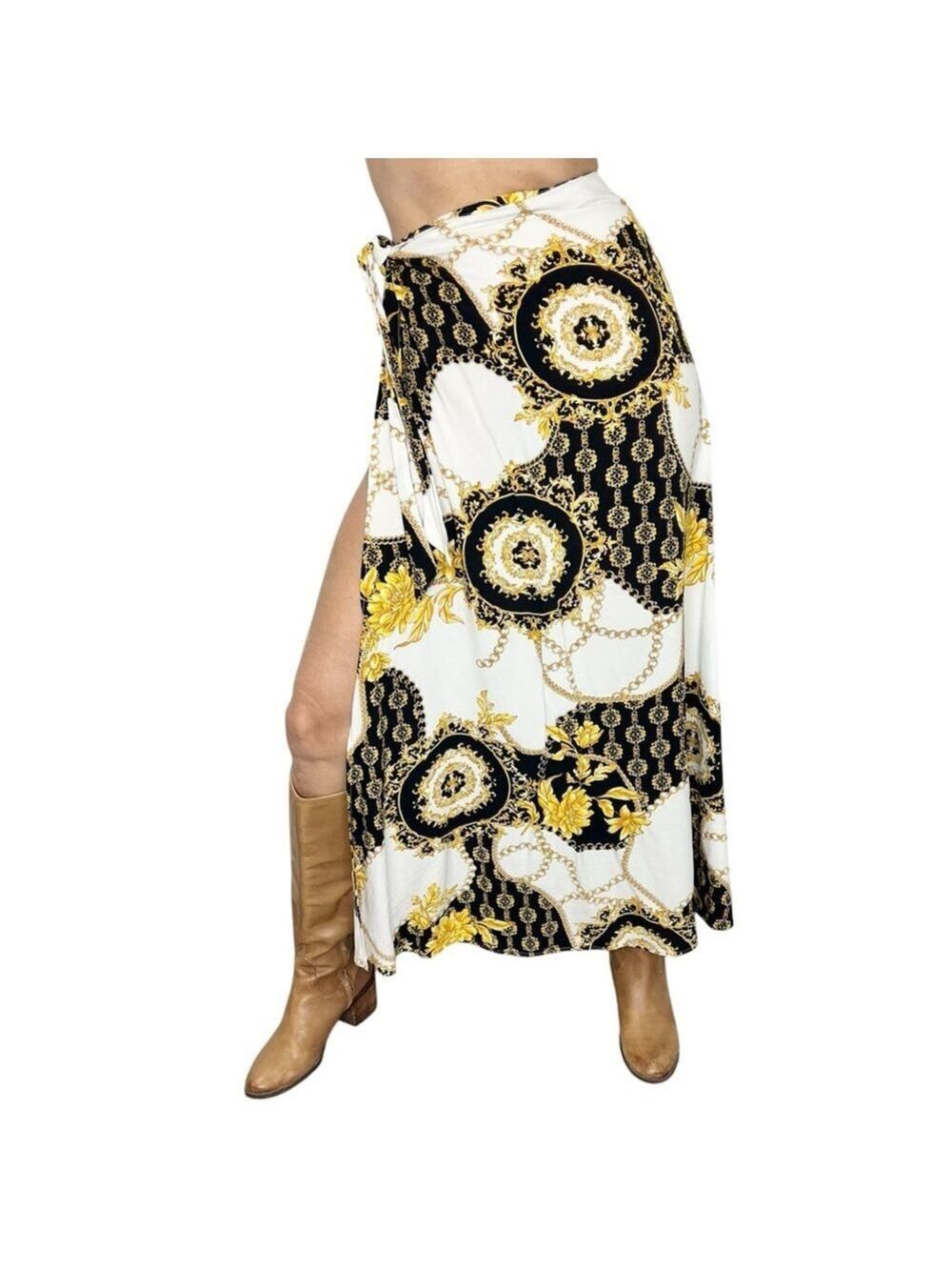 Classic black white gold flowy chain floral print swim beach wrap maxi skirt OS